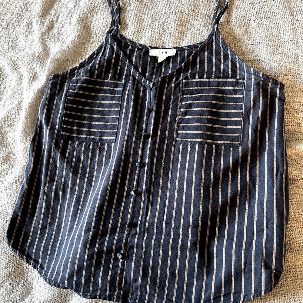 Blue spaghetti strap shirt with thin brown stripes Size small